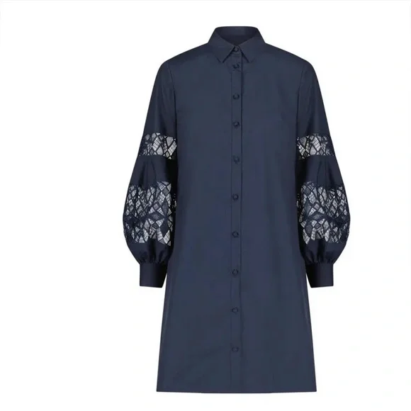 NWT LELA ROSE Poplin Lace Inset Shirt Dress Navy - Picture 2 of 8